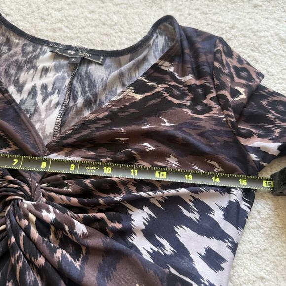Vintage Y2K LILY Brown Animal Print Top V Neck 3/4 Sleeves Twist Front Stretch S - Picture 6 of 9